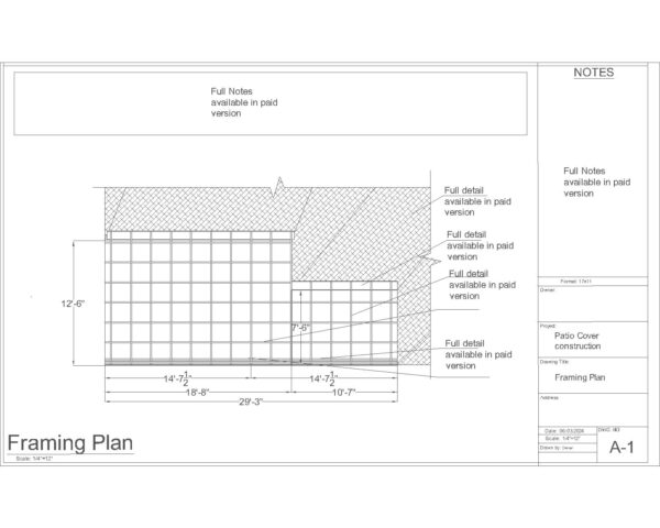 29x12 Patio Cover Plan Set – Framing, Concrete Footing, and Elevation for DIY or Permit Use