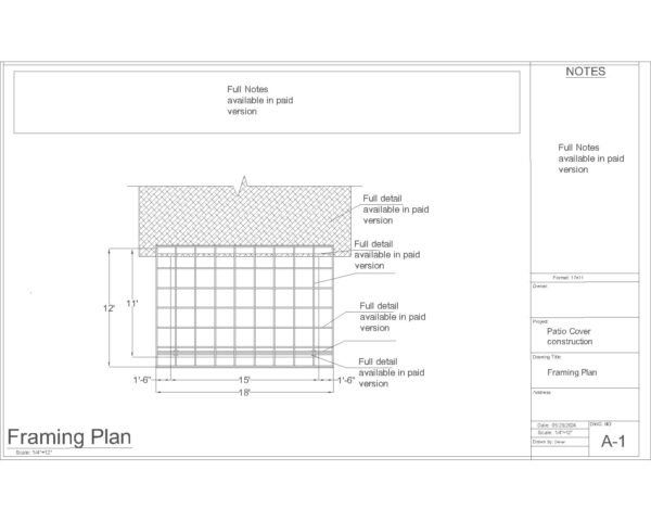 Patio Cover Plan Set 11x15 ft | Framing, Concrete, and Elevation Drawings