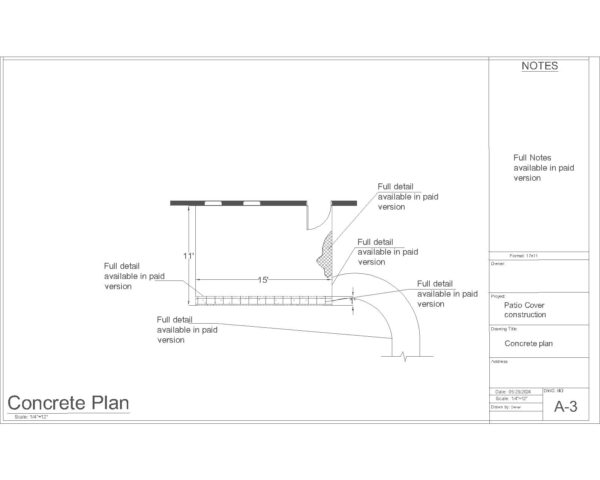 Patio Cover Plan Set 11x15 ft | Framing, Concrete, and Elevation Drawings