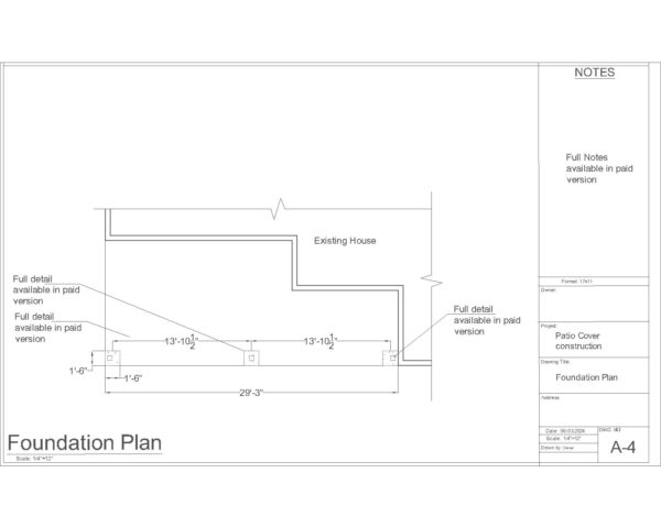 29x12 Patio Cover Plan Set – Framing, Concrete Footing, and Elevation for DIY or Permit Use