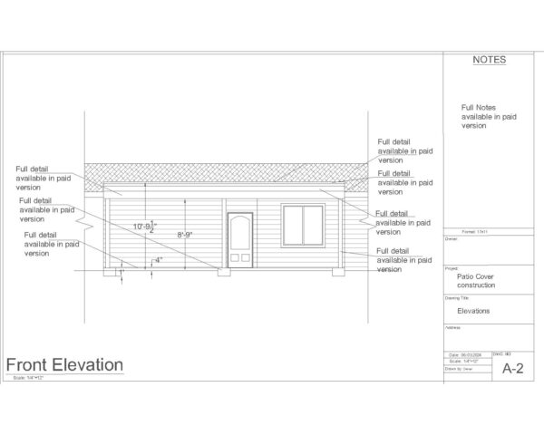 29x12 Patio Cover Plan Set – Framing, Concrete Footing, and Elevation for DIY or Permit Use